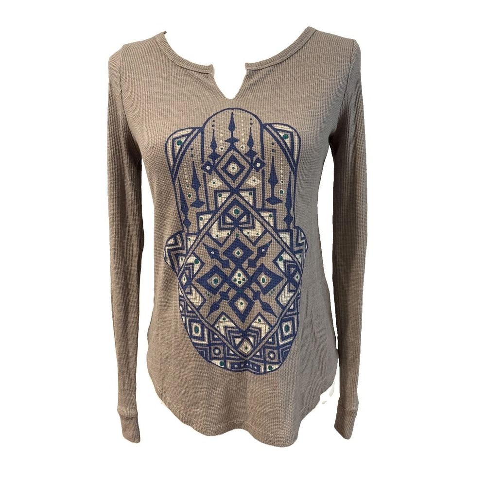 Lucky Brand Size XS Hamsa Hand Thermal Long Sleeves Gray Shirt